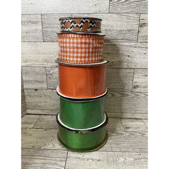 Ribbon Mixed Lot 5 Rolls Green Orange Pumpkins NOS - Picture 1 of 4